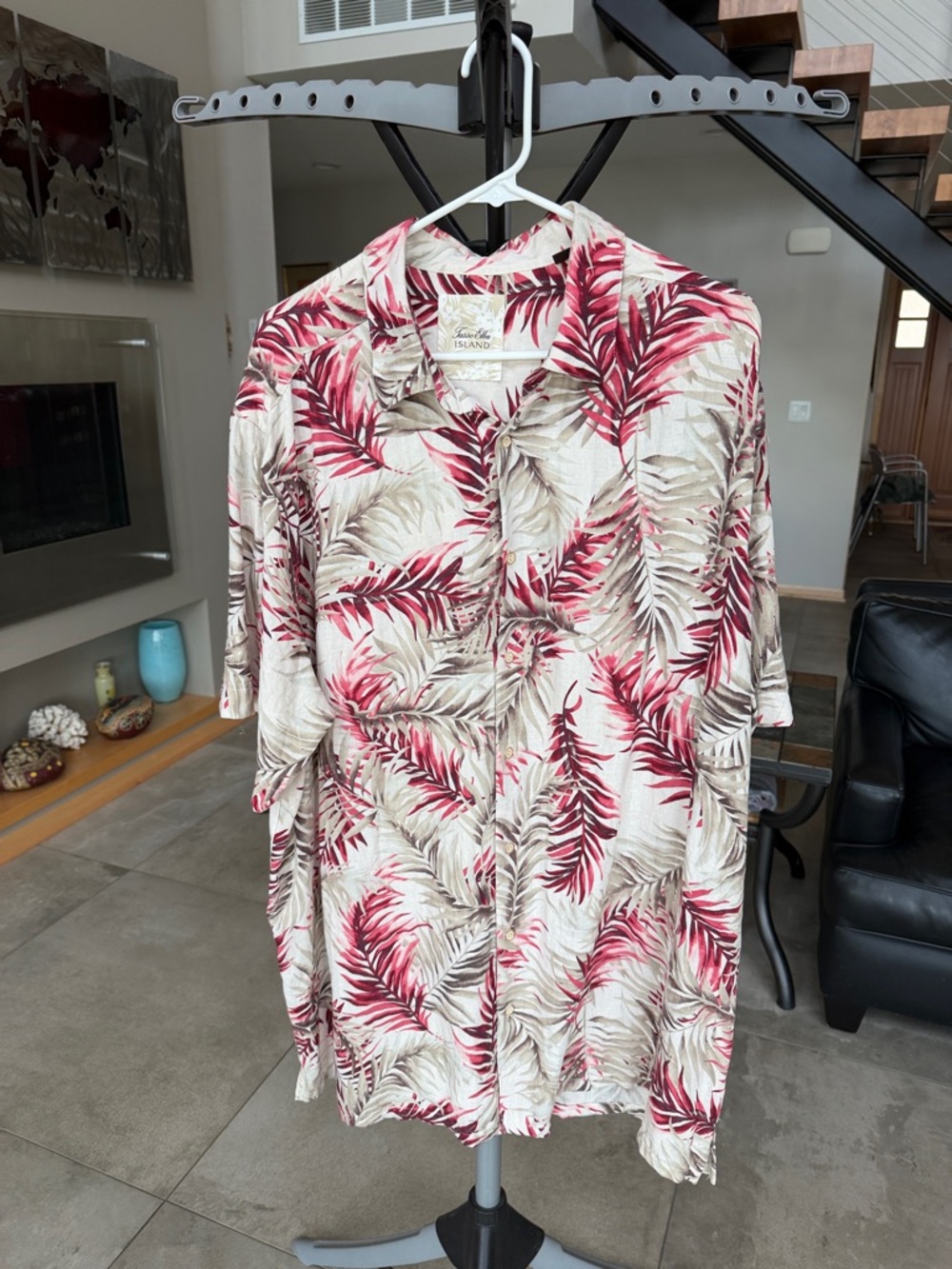 Silk linen blend Cream Shirt with Red & Tan Leaf Print men’s XLT